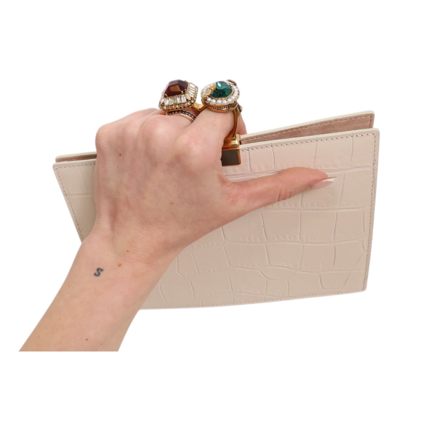 Alexander McQueen Jeweled Double Ring Crocodile-Embossed Clutch Bag