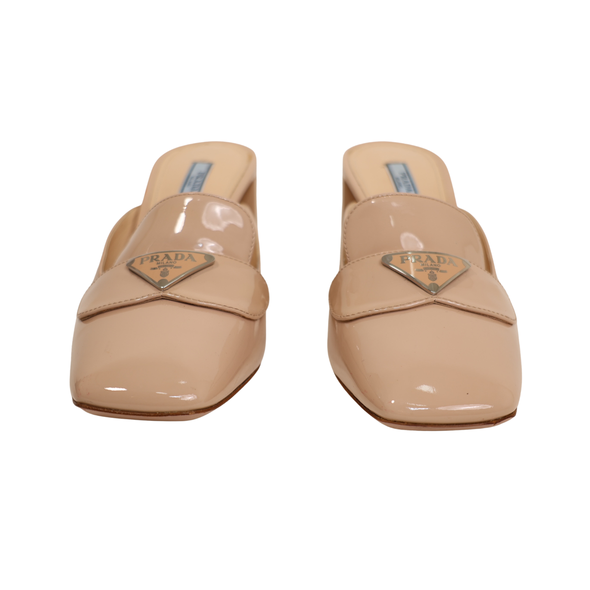 Prada Signature Logo Patent Leather Mules (Size 38)