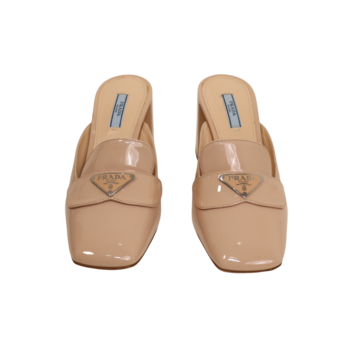 Prada Signature Logo Patent Leather Mules (Size 38)