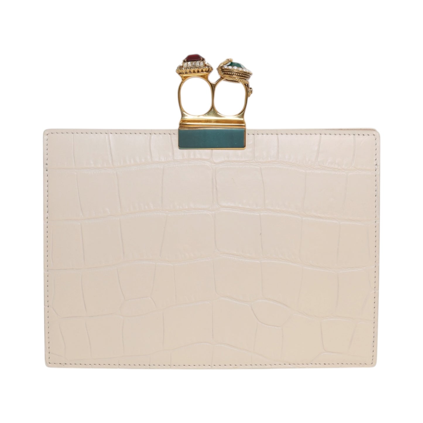 Alexander McQueen Jeweled Double Ring Crocodile-Embossed Clutch Bag