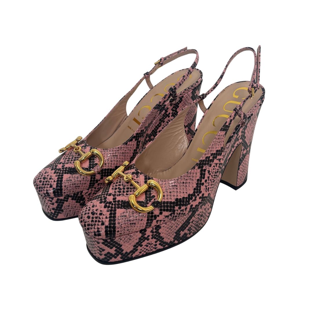Gucci Python Print Horsebit Platform Slingback Pumps