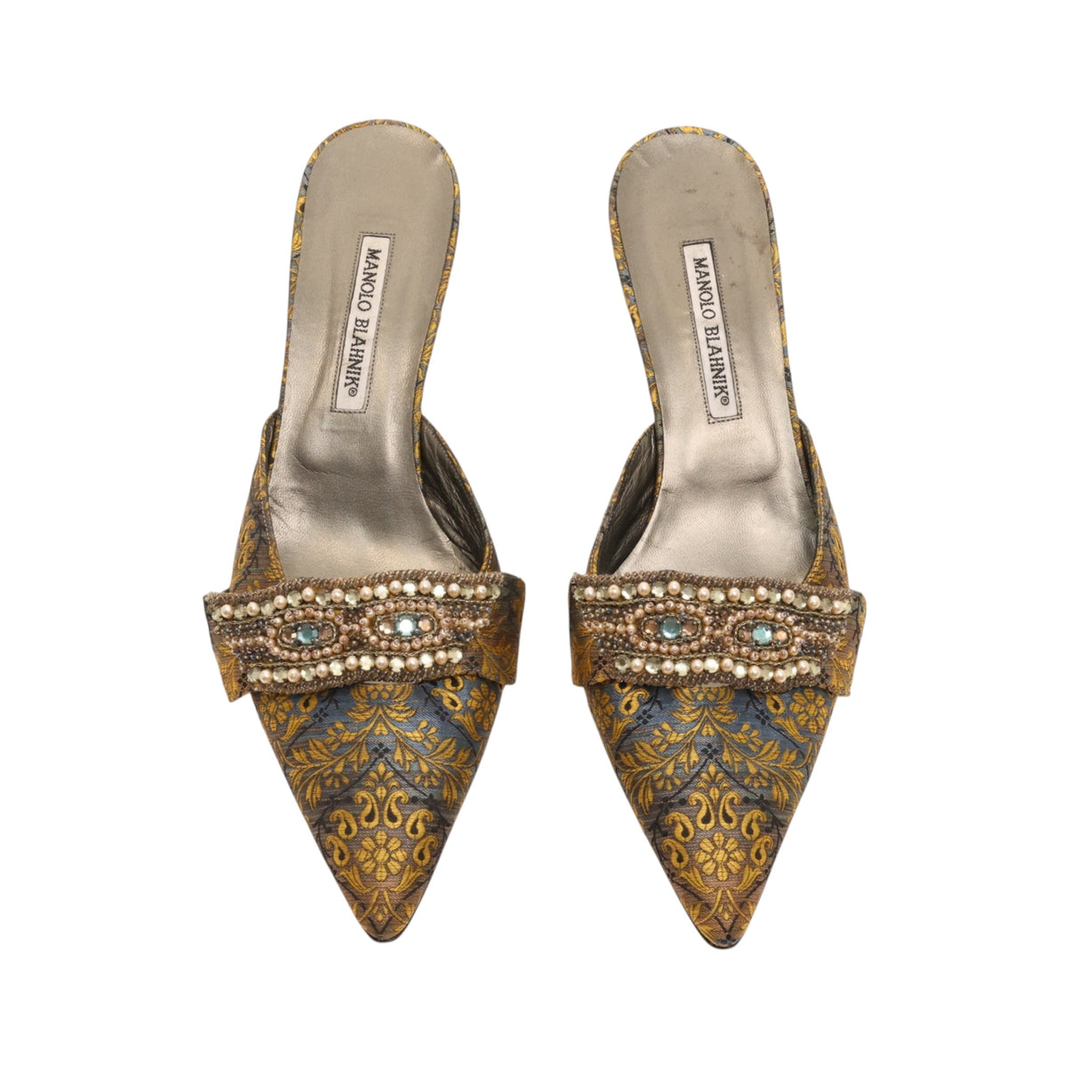 Manolo Blahnik Crystal Embellished Printed Satin Mules (Size 41)