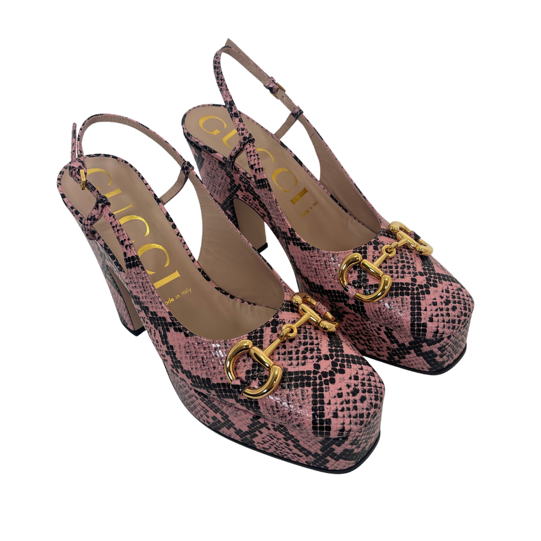 Gucci Python Print Horsebit Platform Slingback Pumps