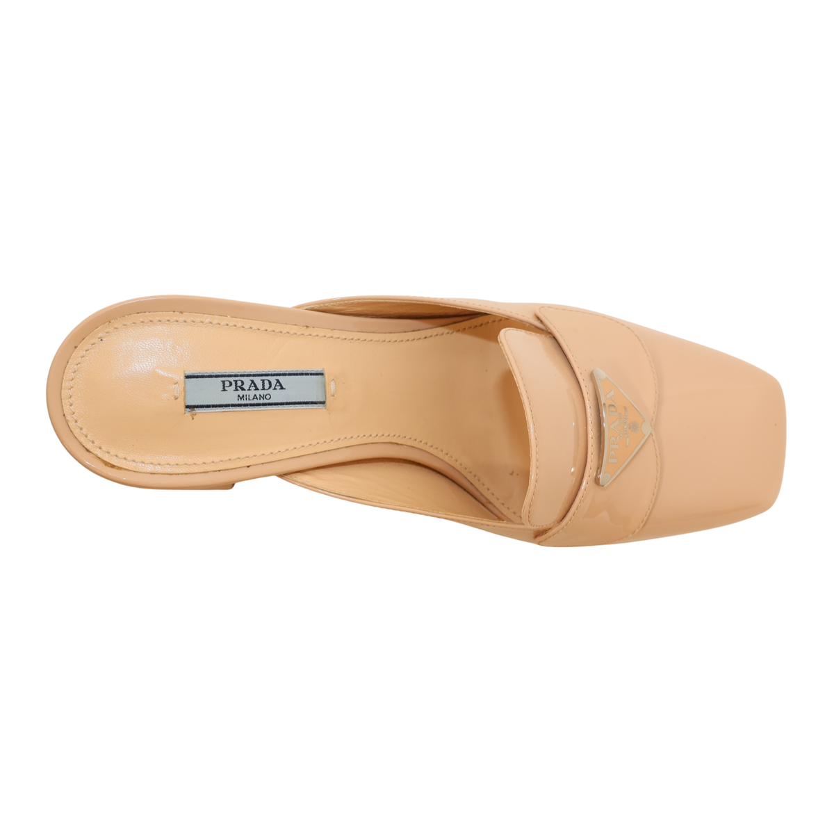 Prada Signature Logo Patent Leather Mules (Size 38)
