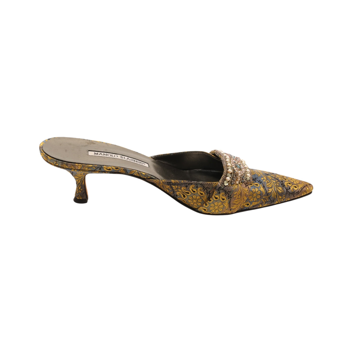 Manolo Blahnik Crystal Embellished Printed Satin Mules (Size 41)