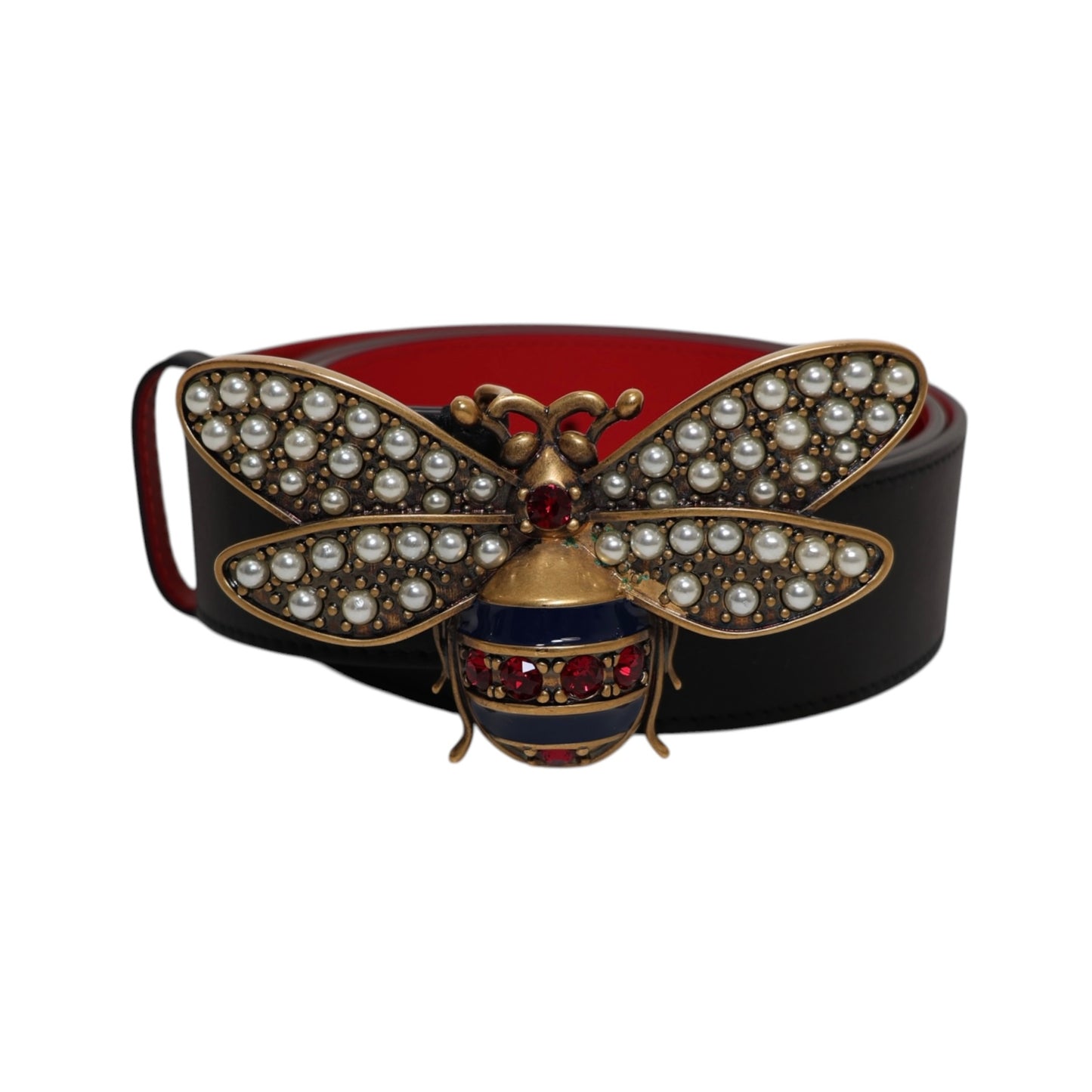 Gucci Sylvie Leather Crystal Embellished Bee Belt