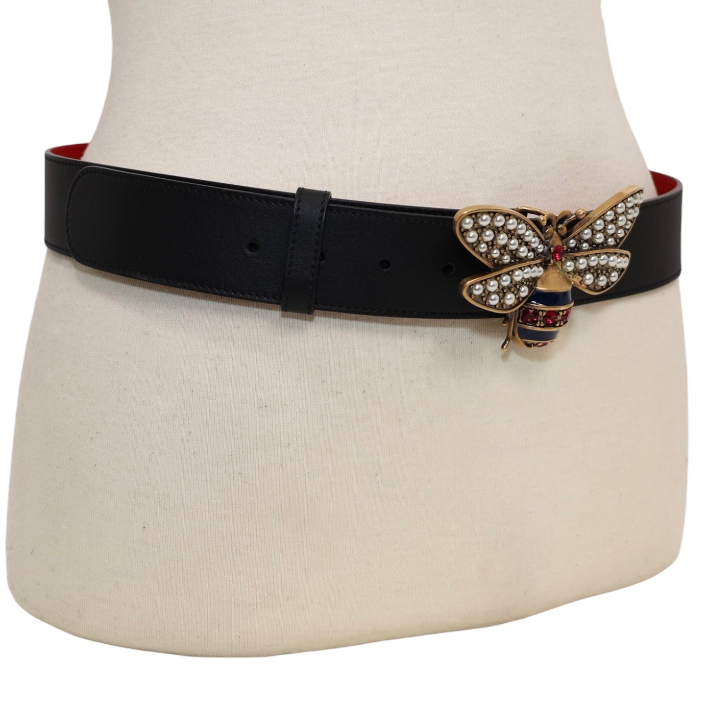 Gucci Sylvie Leather Crystal Embellished Bee Belt