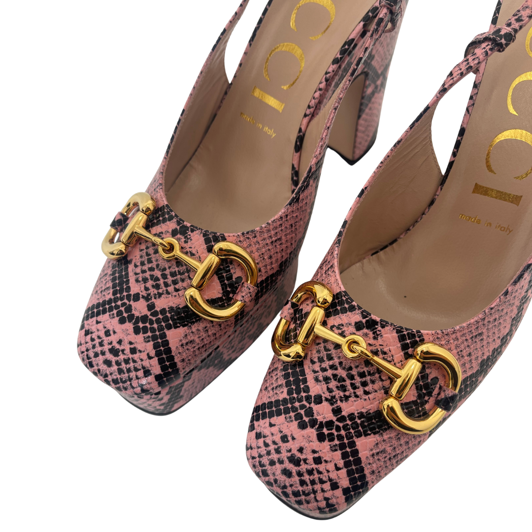 Gucci Python Print Horsebit Platform Slingback Pumps