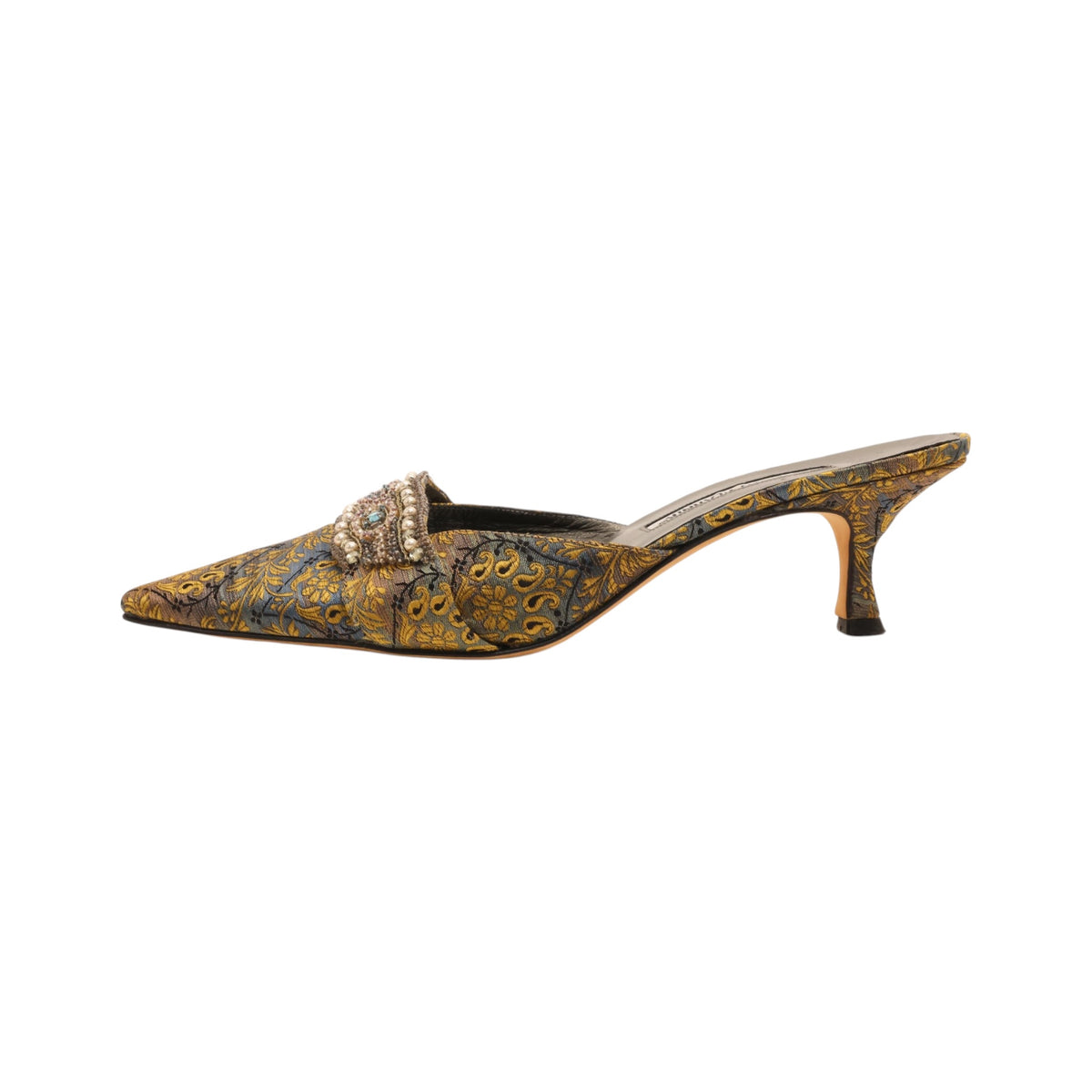 Manolo Blahnik Crystal Embellished Printed Satin Mules (Size 41)
