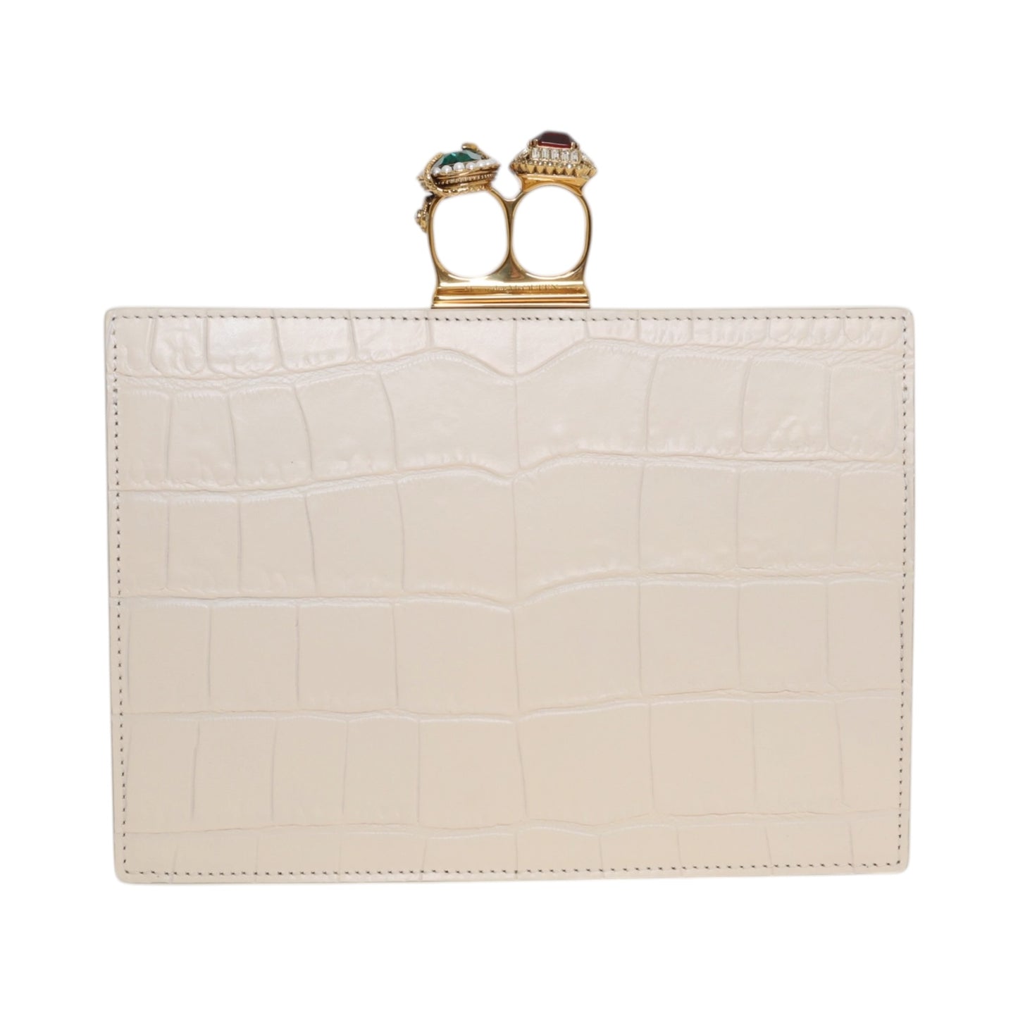 Alexander McQueen Jeweled Double Ring Crocodile-Embossed Clutch Bag
