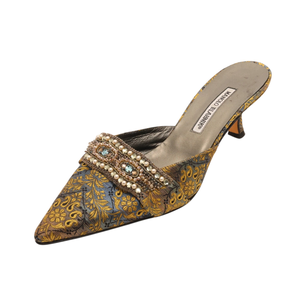 Manolo Blahnik Crystal Embellished Printed Satin Mules (Size 41)