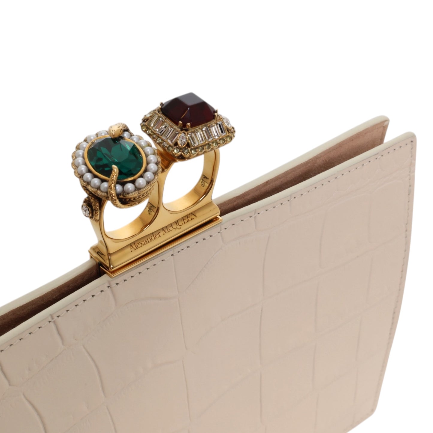 Alexander McQueen Jeweled Double Ring Crocodile-Embossed Clutch Bag