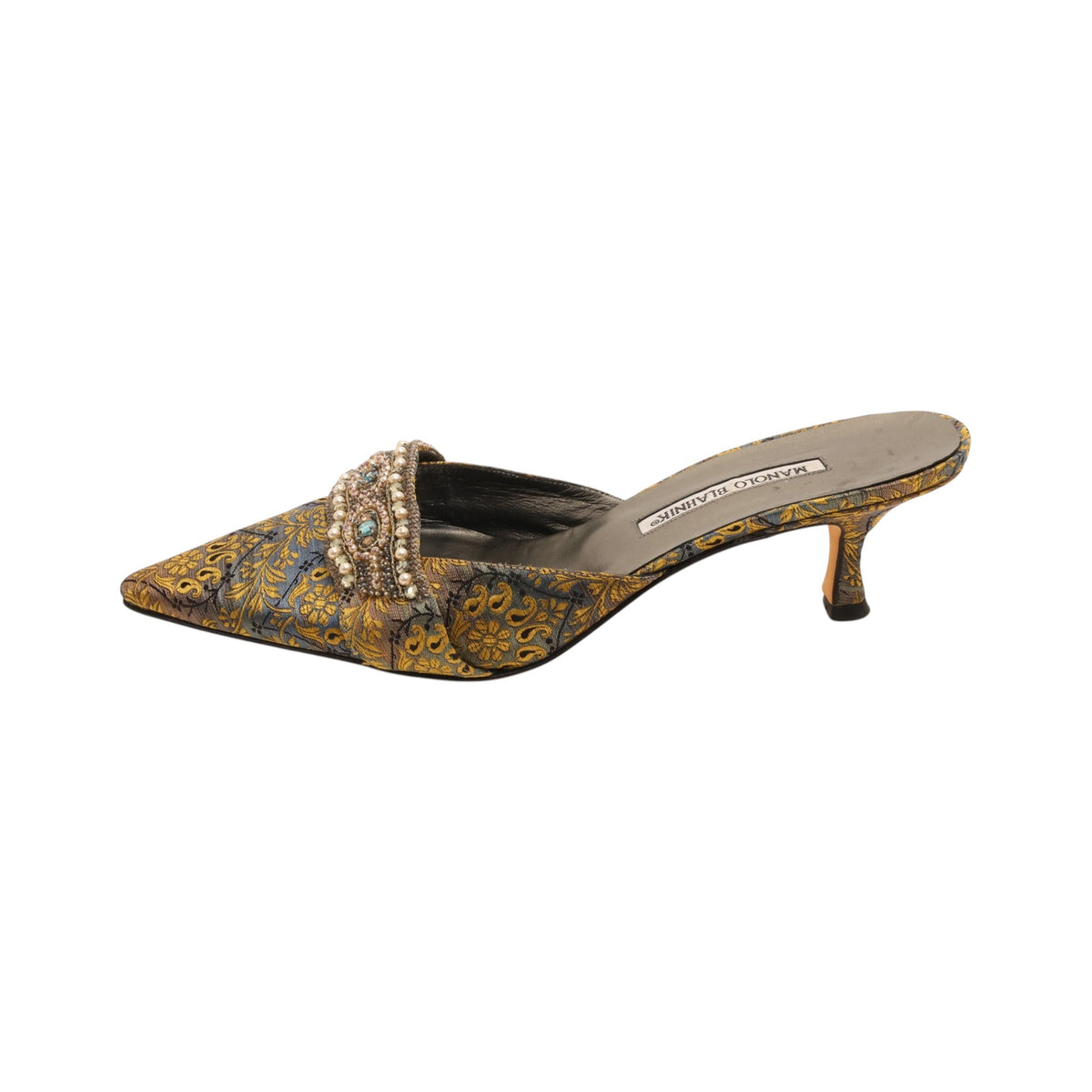 Manolo Blahnik Crystal Embellished Printed Satin Mules (Size 41)