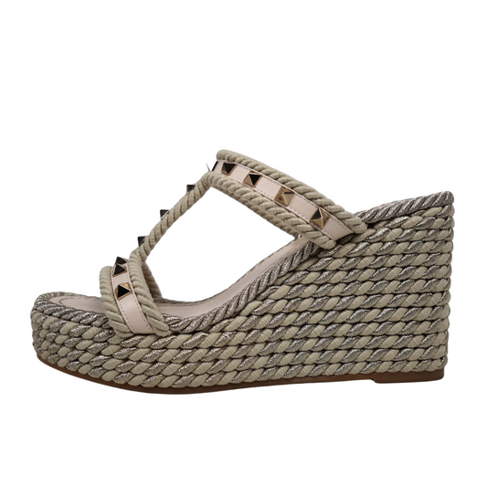 Valentino Garavani Leather Rockstud Torchon 90mm Wedge Sandal (Size 38)