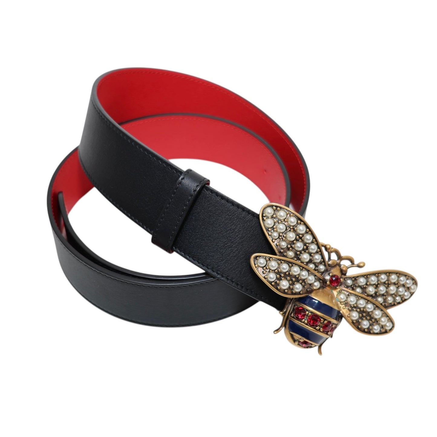 Gucci Sylvie Leather Crystal Embellished Bee Belt
