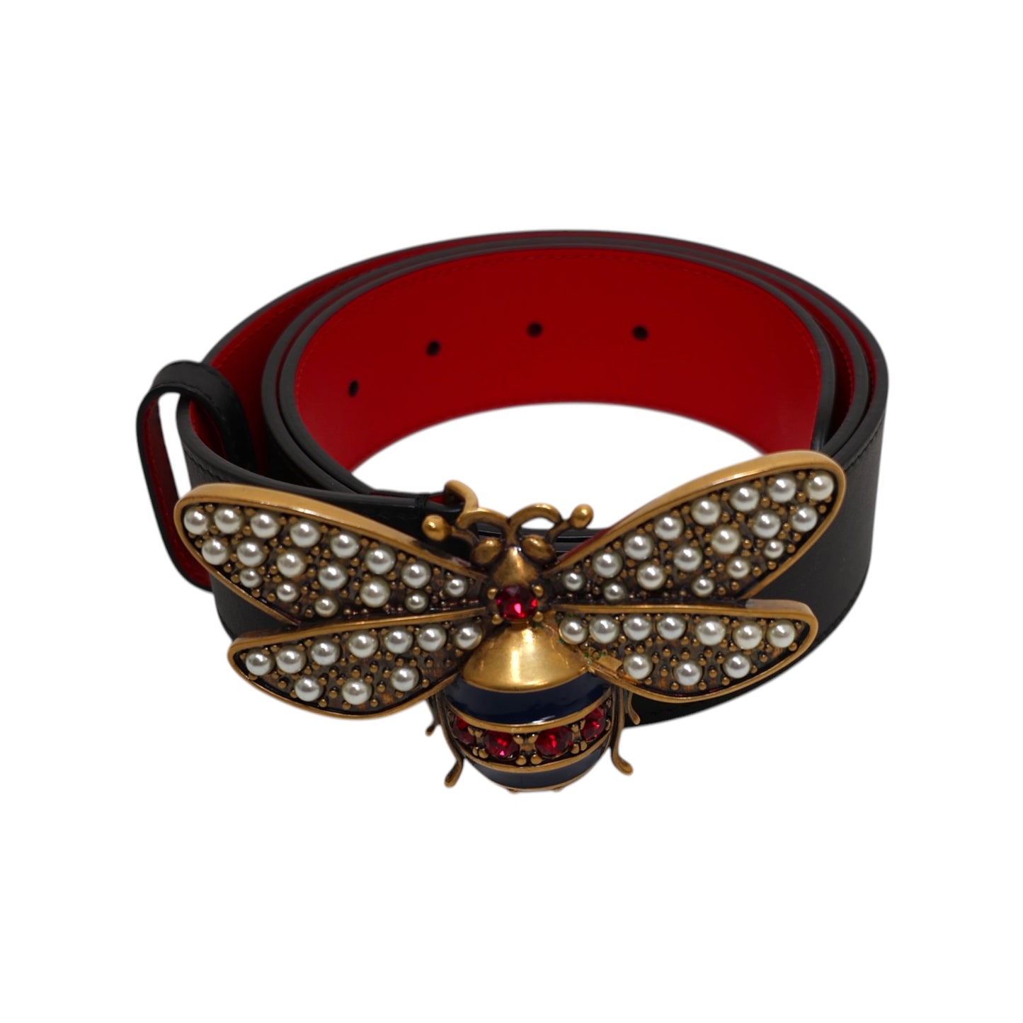 Gucci Sylvie Leather Crystal Embellished Bee Belt