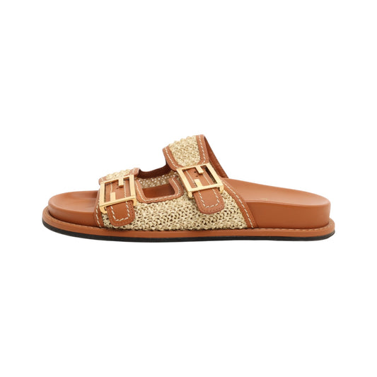 Fendi Raffia FF Buckle Colorblock Pattern Slides (Size 37)