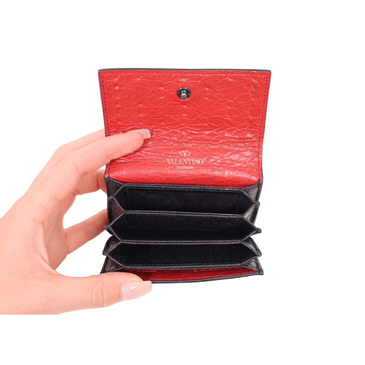 Valentino Craquele Nappa Rockstud Spike Bifold Card Holder