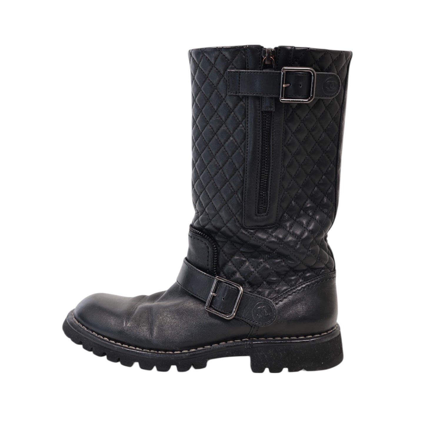 Chanel Interlocking CC Logo Calfskin Moto Boots (Size 38.5)