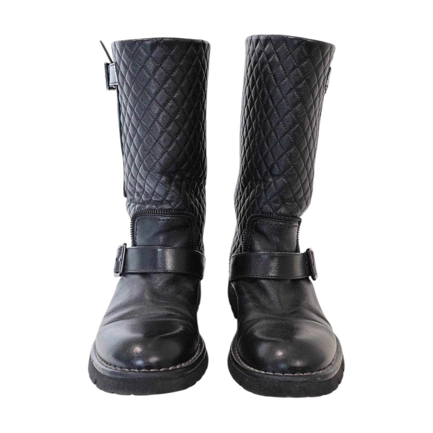Chanel Interlocking CC Logo Calfskin Moto Boots (Size 38.5)
