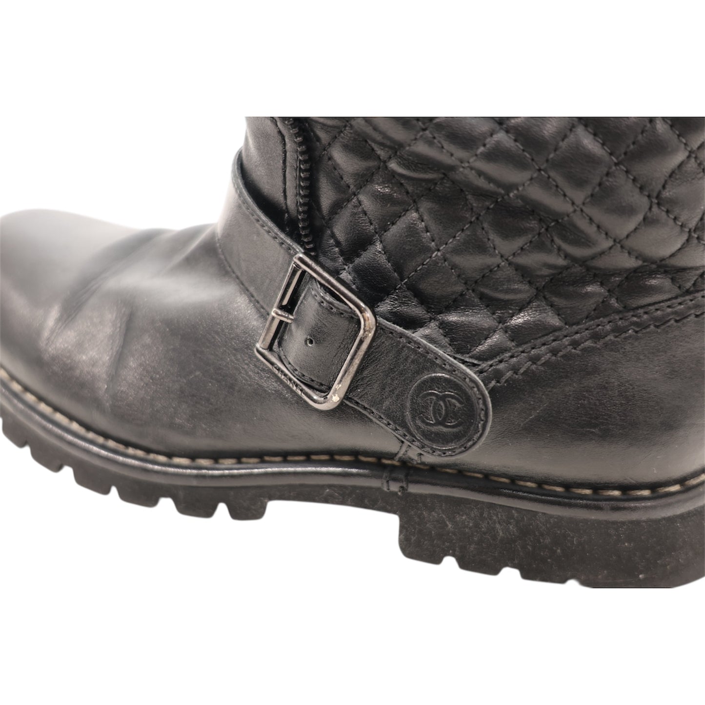 Chanel Interlocking CC Logo Calfskin Moto Boots (Size 38.5)