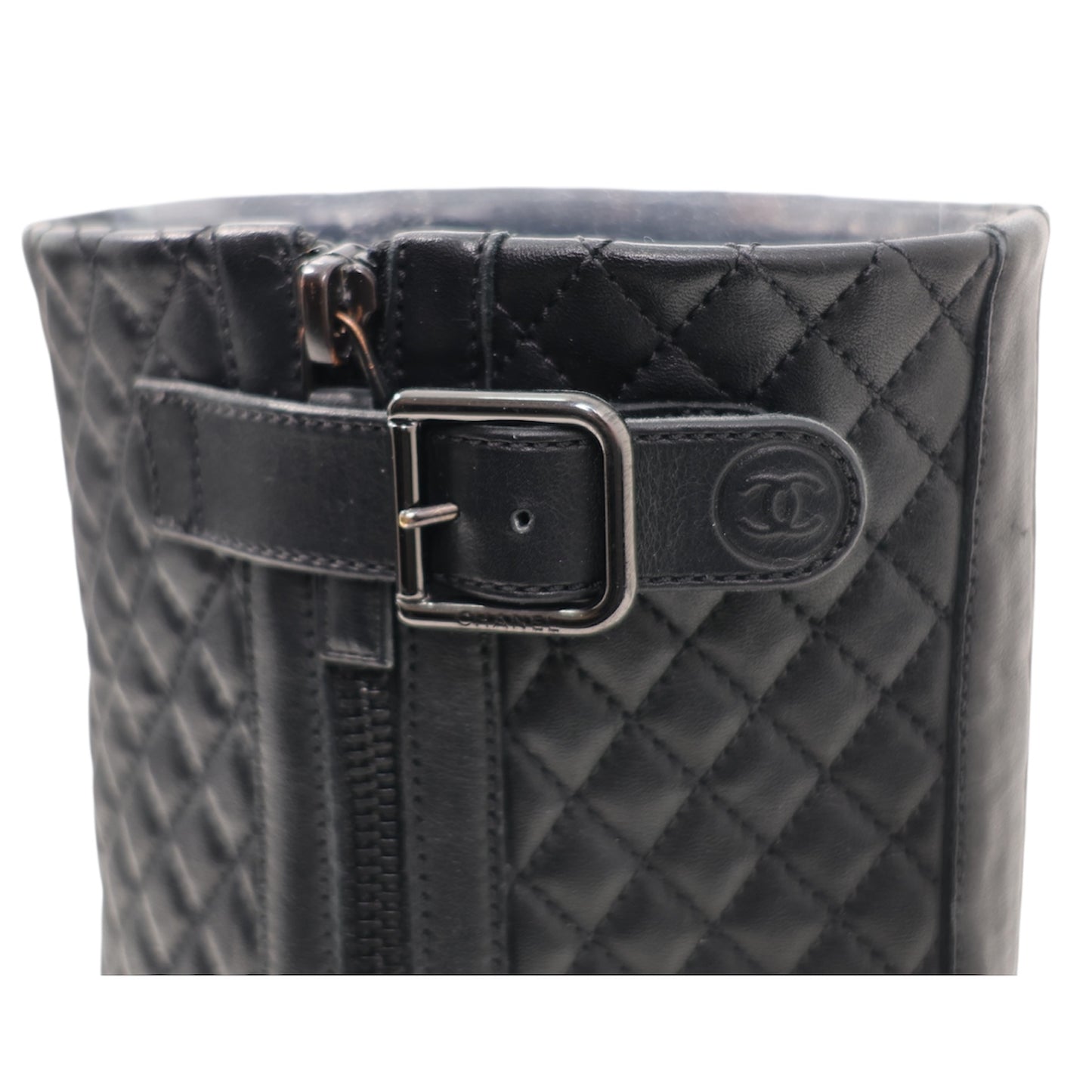 Chanel Interlocking CC Logo Calfskin Moto Boots (Size 38.5)