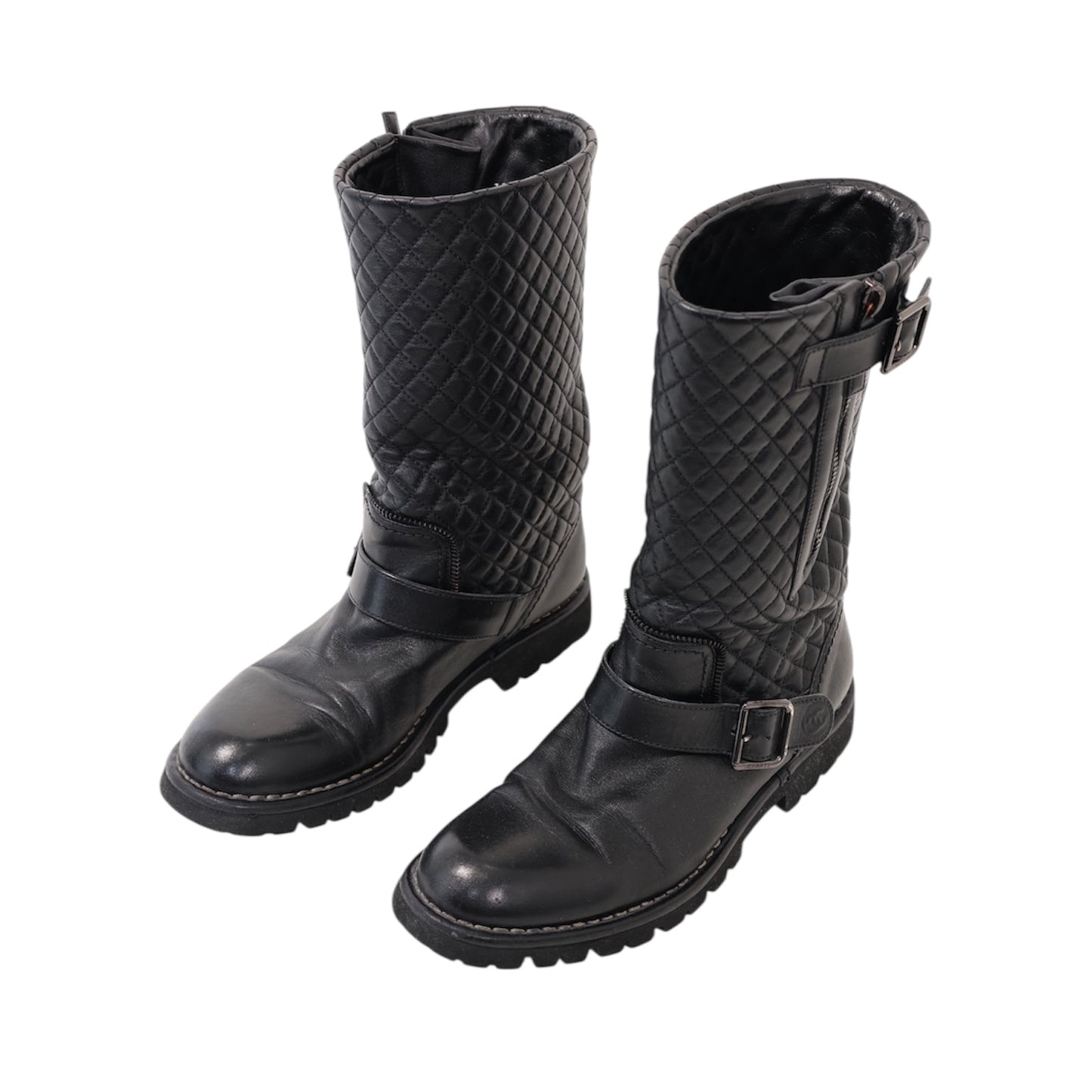 Chanel Interlocking CC Logo Calfskin Moto Boots (Size 38.5)