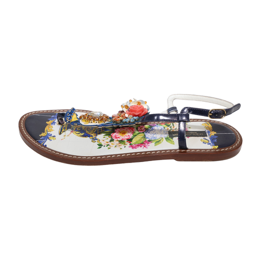 Dolce & Gabbana Floral & Crystal Embellished Slingback Flat Thong Sandal (Size 40)