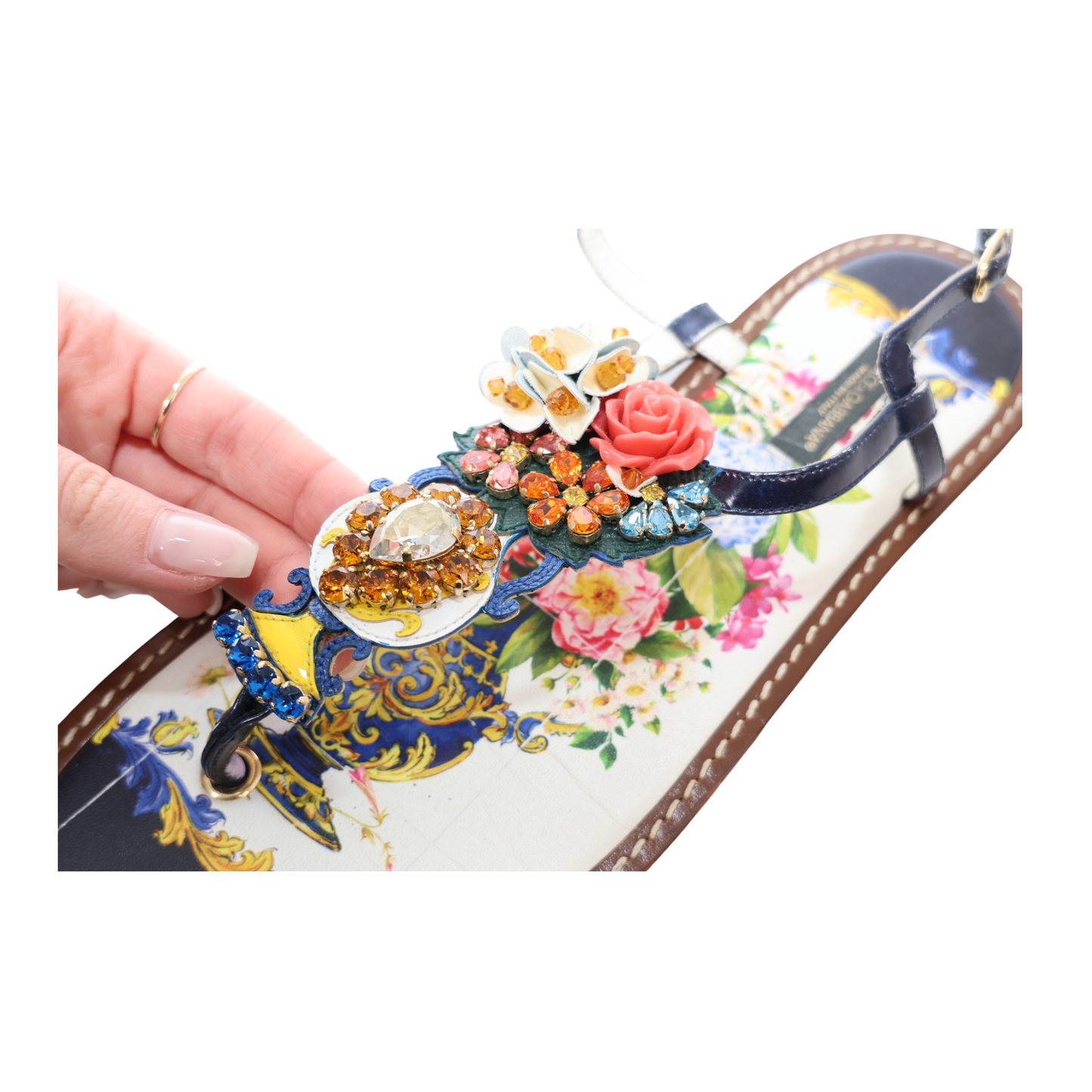 Dolce & Gabbana Floral & Crystal Embellished Slingback Flat Thong Sandal (Size 40)