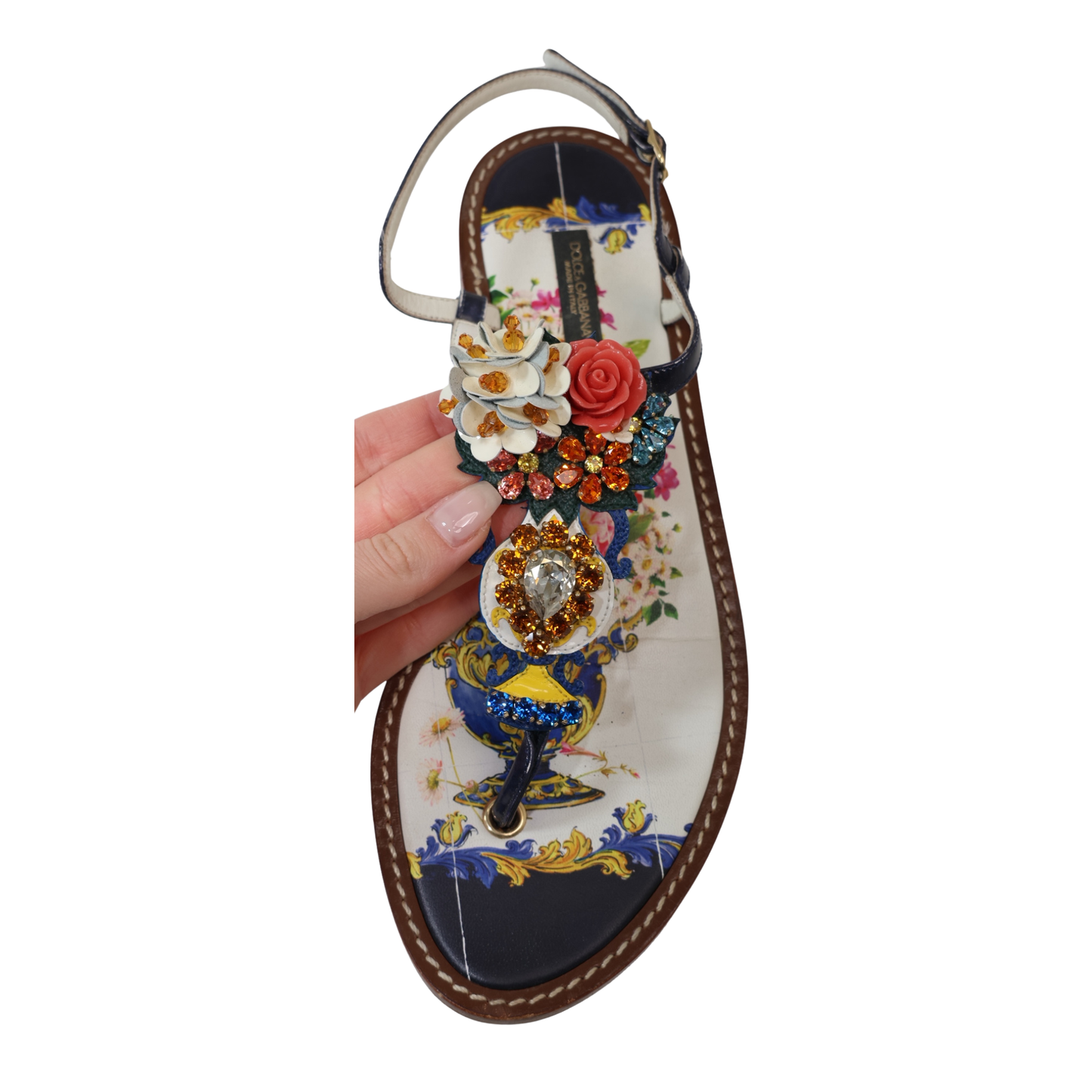 Dolce & Gabbana Floral & Crystal Embellished Slingback Flat Thong Sandal (Size 40)