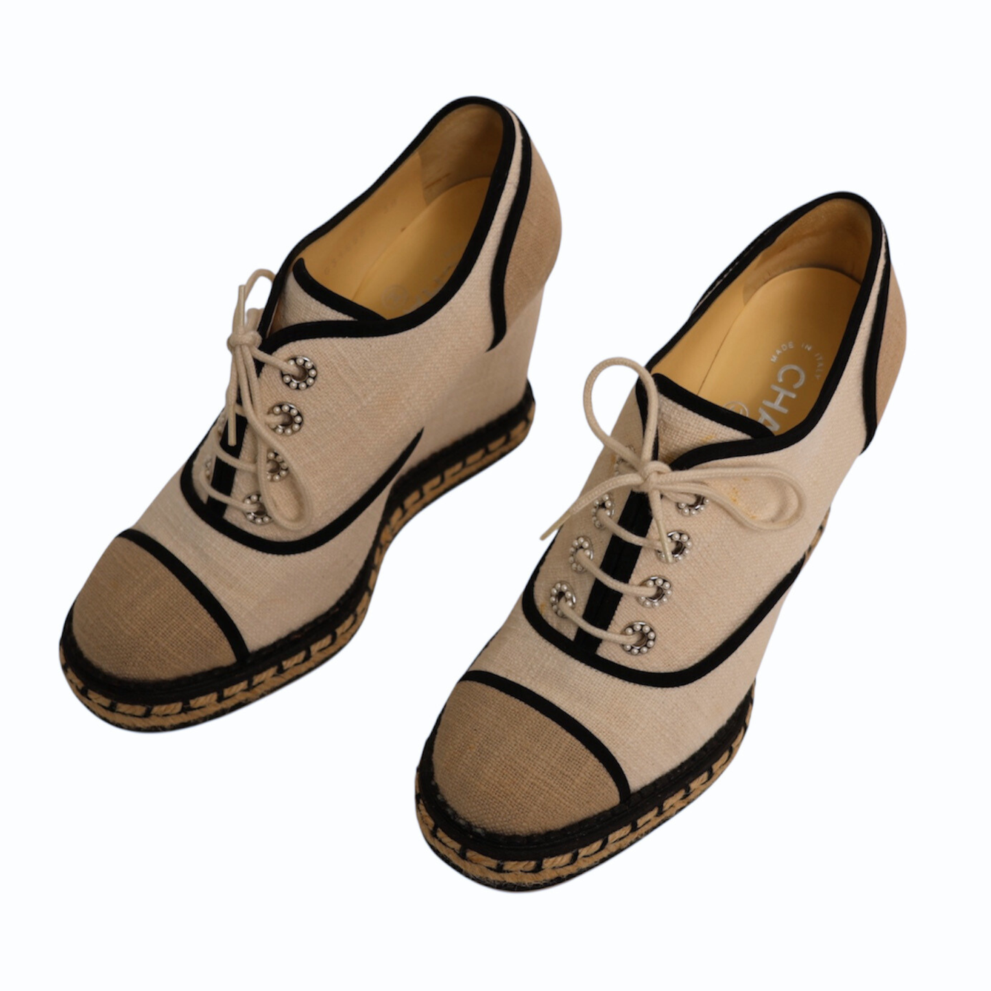 Chanel 2016 Interlocking CC Logo Canvas Wedge Pumps (Size 38)