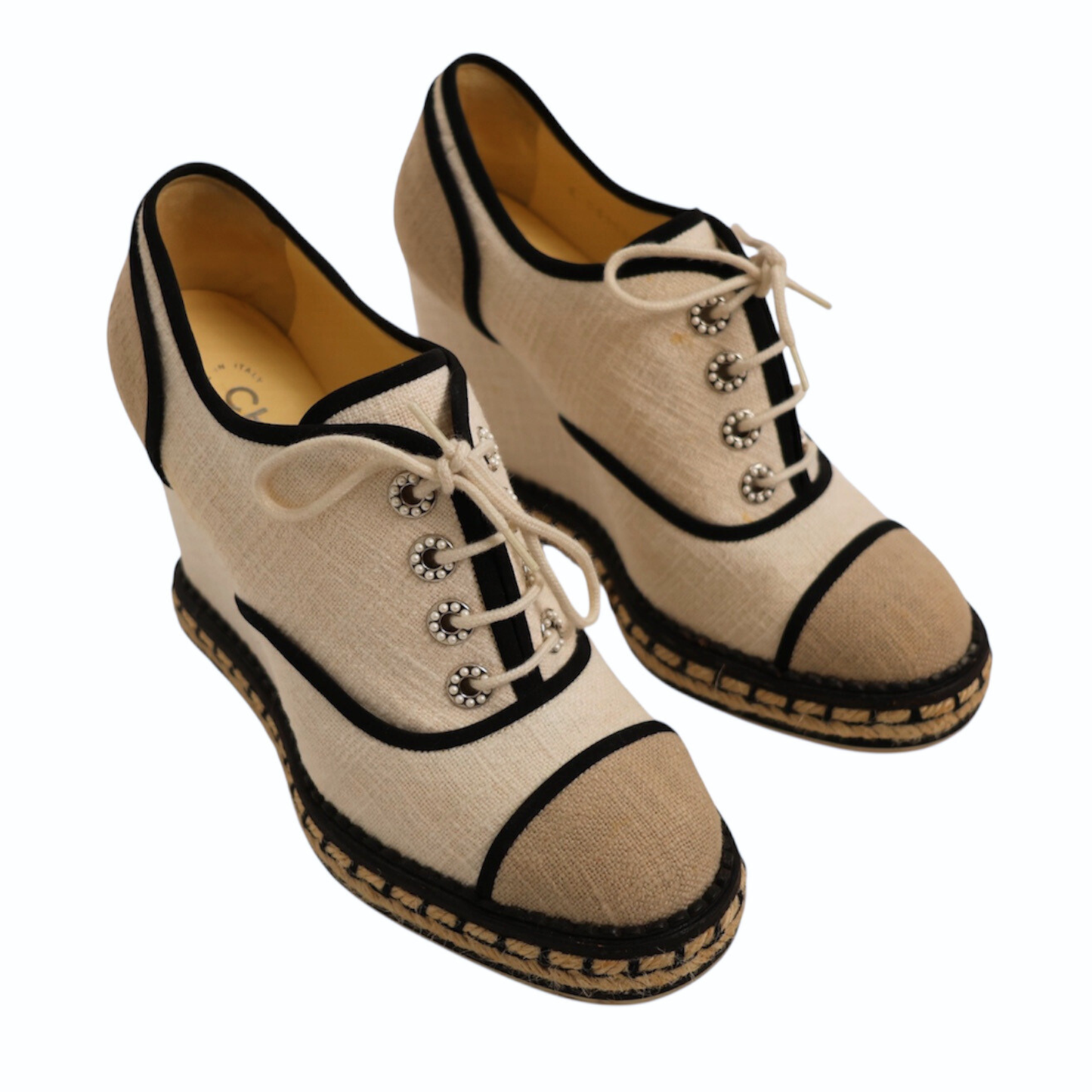 Chanel 2016 Interlocking CC Logo Canvas Wedge Pumps (Size 38)