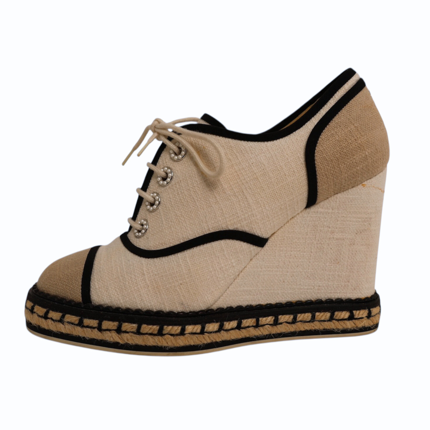 Chanel 2016 Interlocking CC Logo Canvas Wedge Pumps (Size 38)