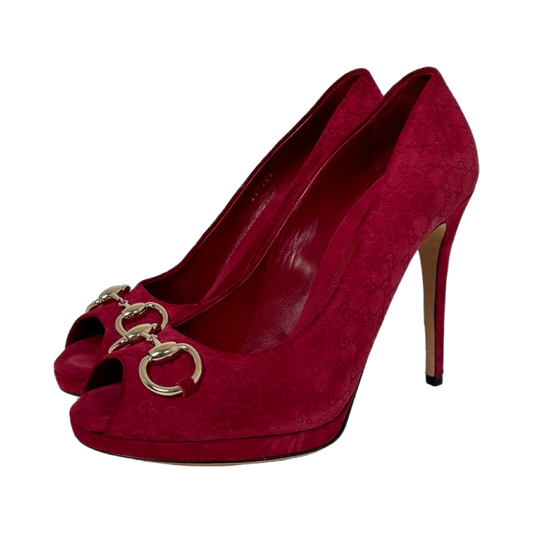 Gucci Suede Horsebit Peep Toe Heels (Size 40)