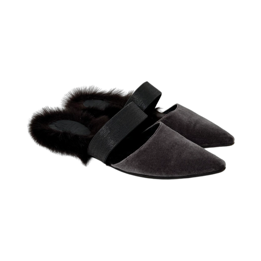 Brunello Cucinelli Monili Fur Trimmed Mules (Size 37.5)