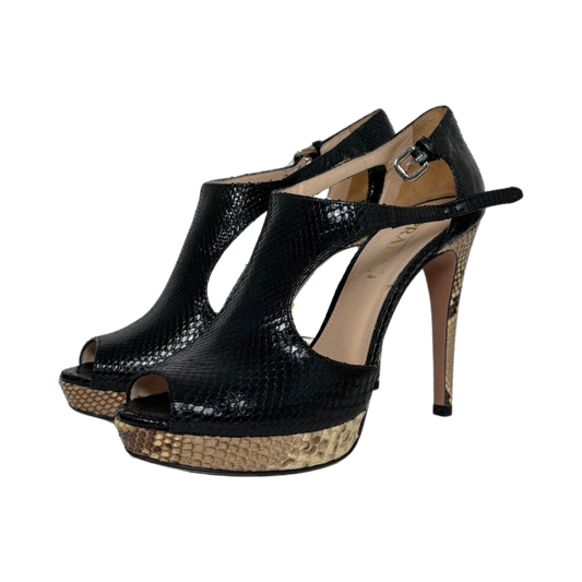 Prada Black Python Peep Toe Pumps (Size 38.5)