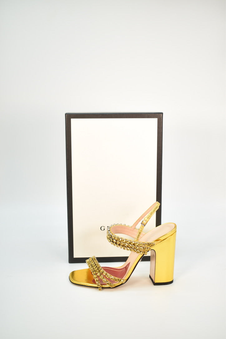 Gucci Gold Leather and Crystal Embellished Block Heel Sandals (Size 37)