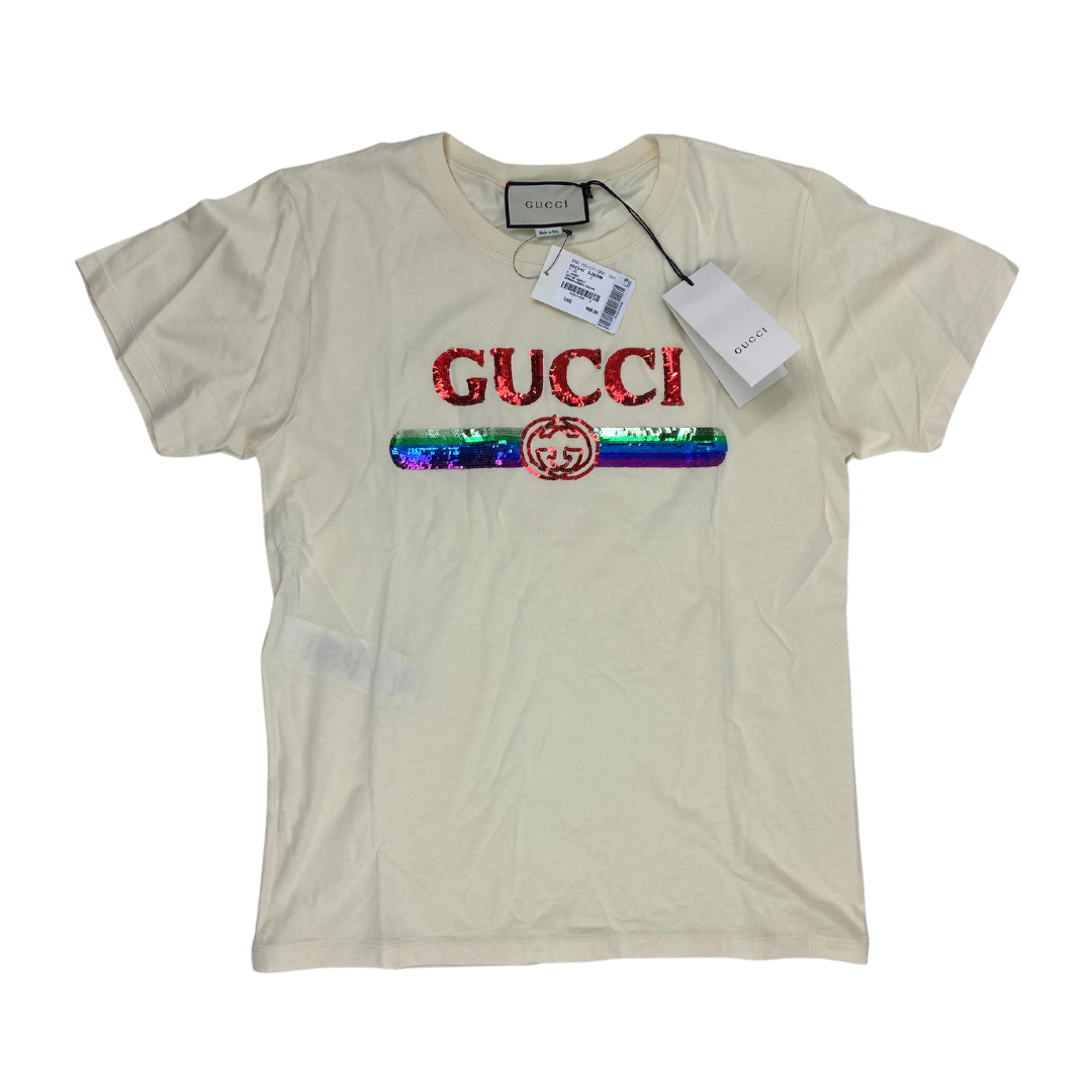 Gucci Beige Sequin Vintage Logo T-Shirt