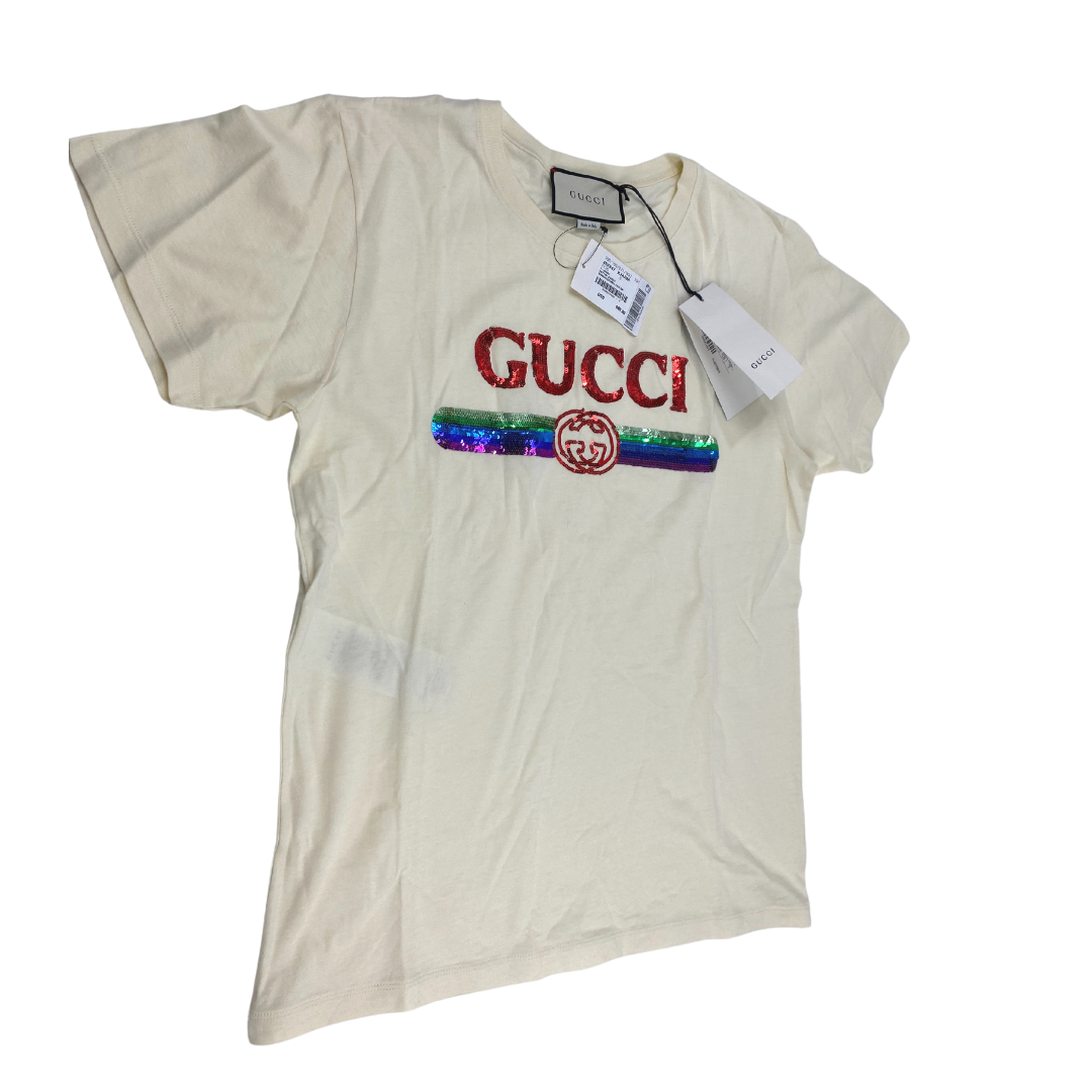Gucci Beige Sequin Vintage Logo T-Shirt