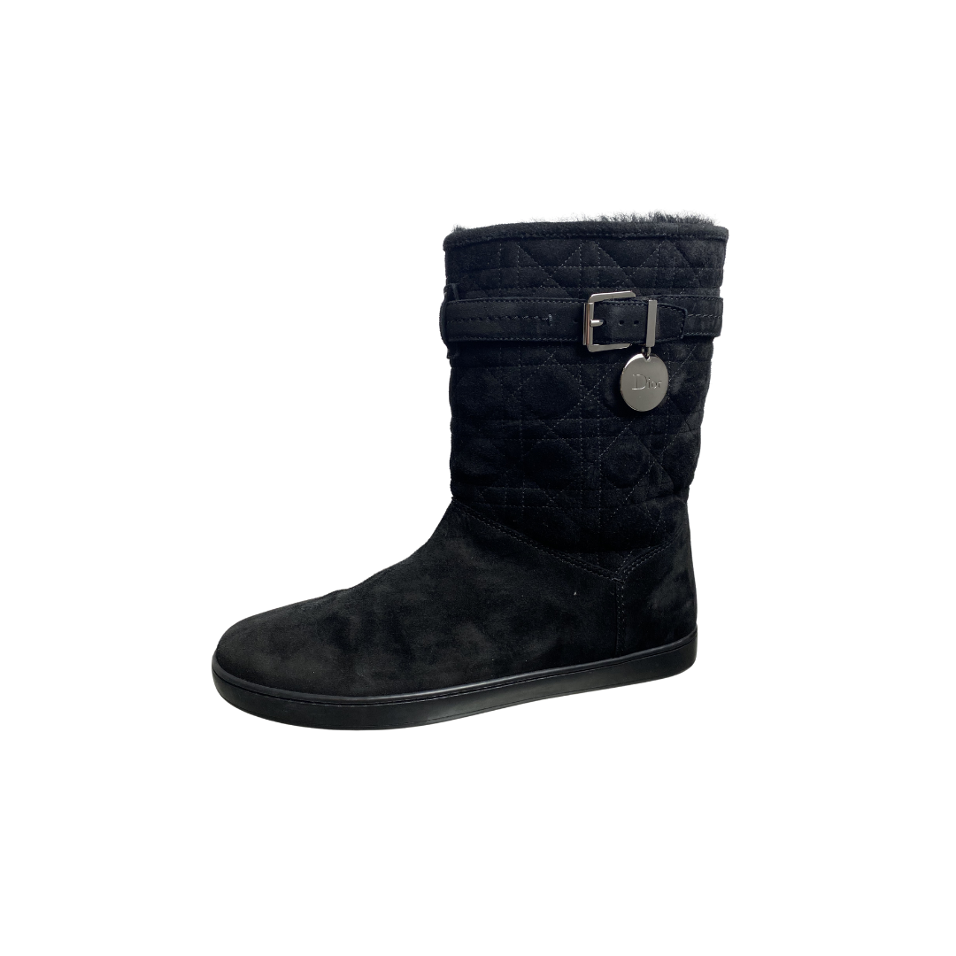 Dior Black Cannage Suede Fur Lined Snow Boots