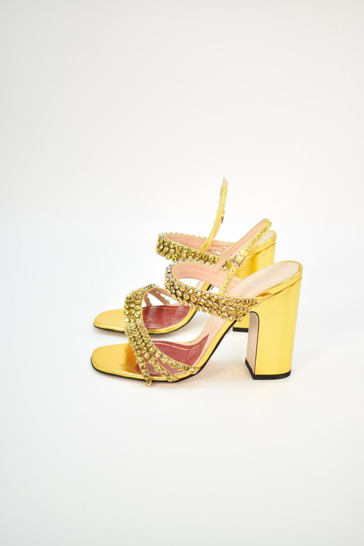 Gucci Gold Leather and Crystal Embellished Block Heel Sandals (Size 37)