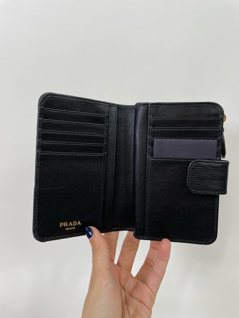 Prada Black Vitello Leather Zip Around Compact Wallet