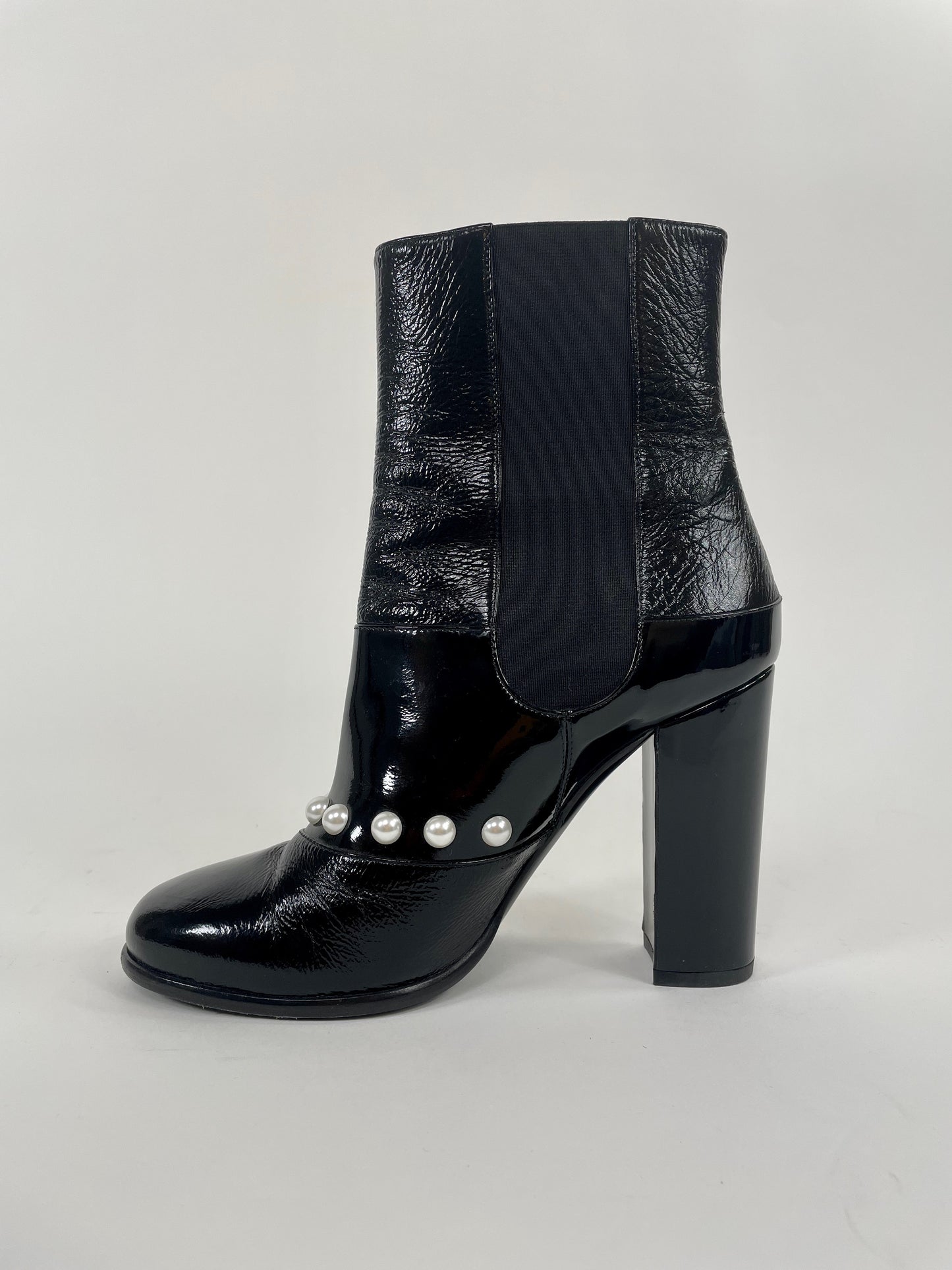 Chanel Patent Leather Pearl Elastic Boots