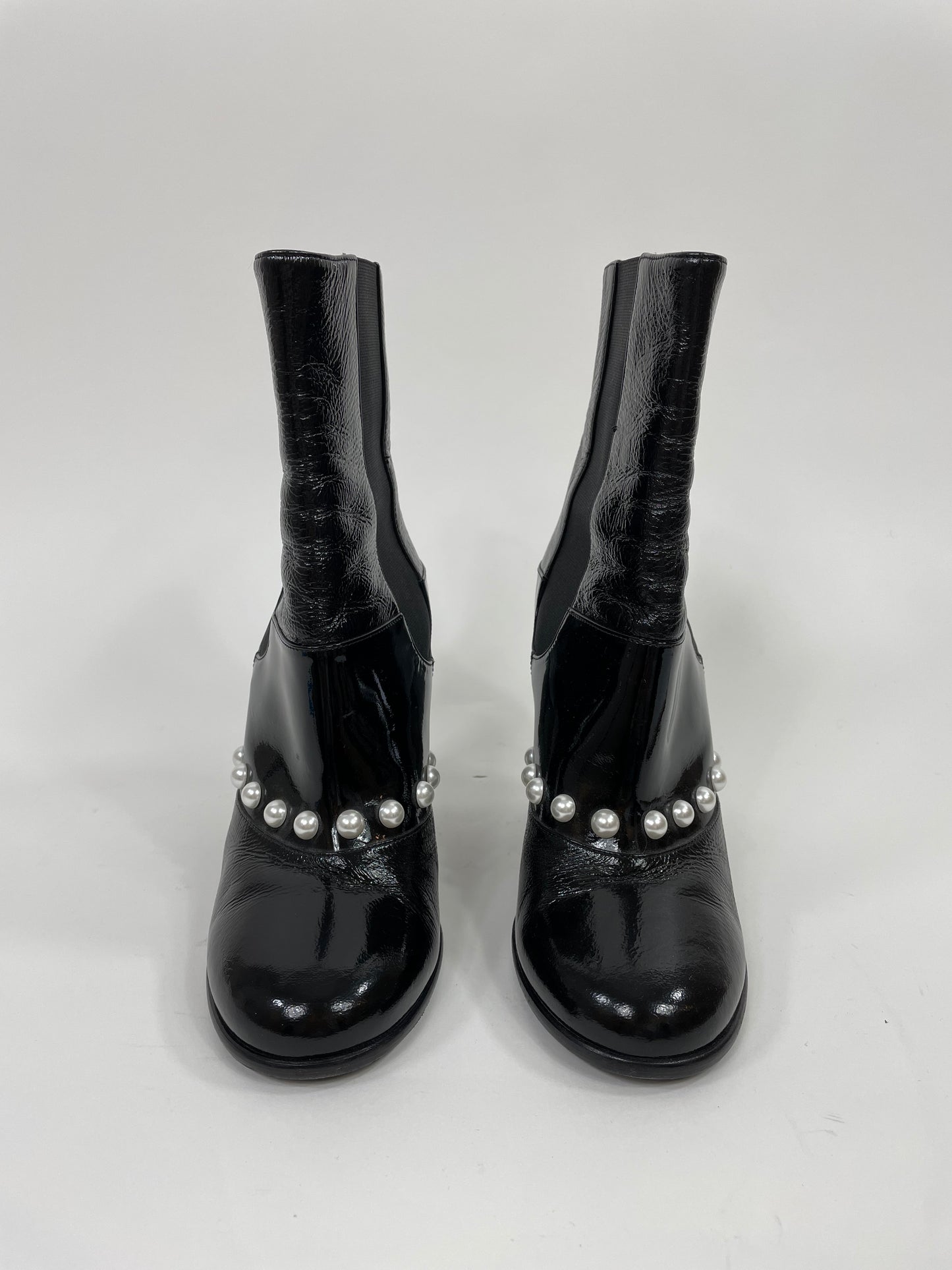 Chanel Patent Leather Pearl Elastic Boots