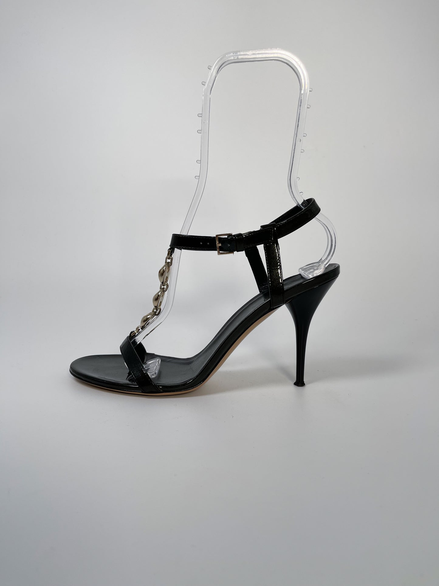 Gucci Patent Leather Chain-Link T-Strap Sandals (Size 8)