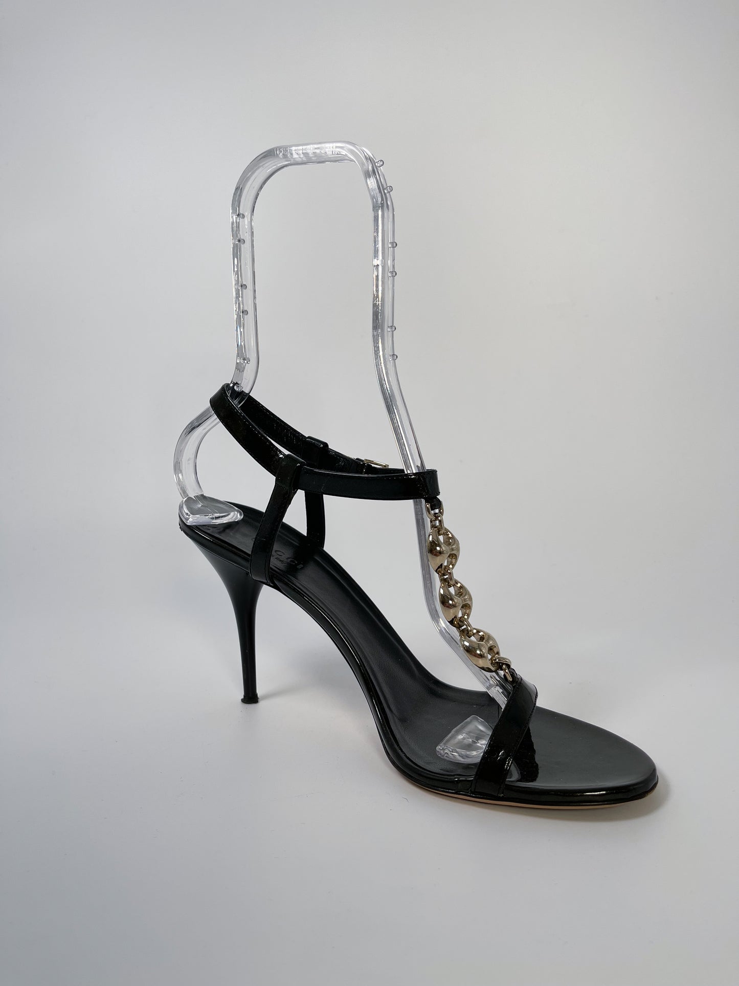 Gucci Patent Leather Chain-Link T-Strap Sandals (Size 8)