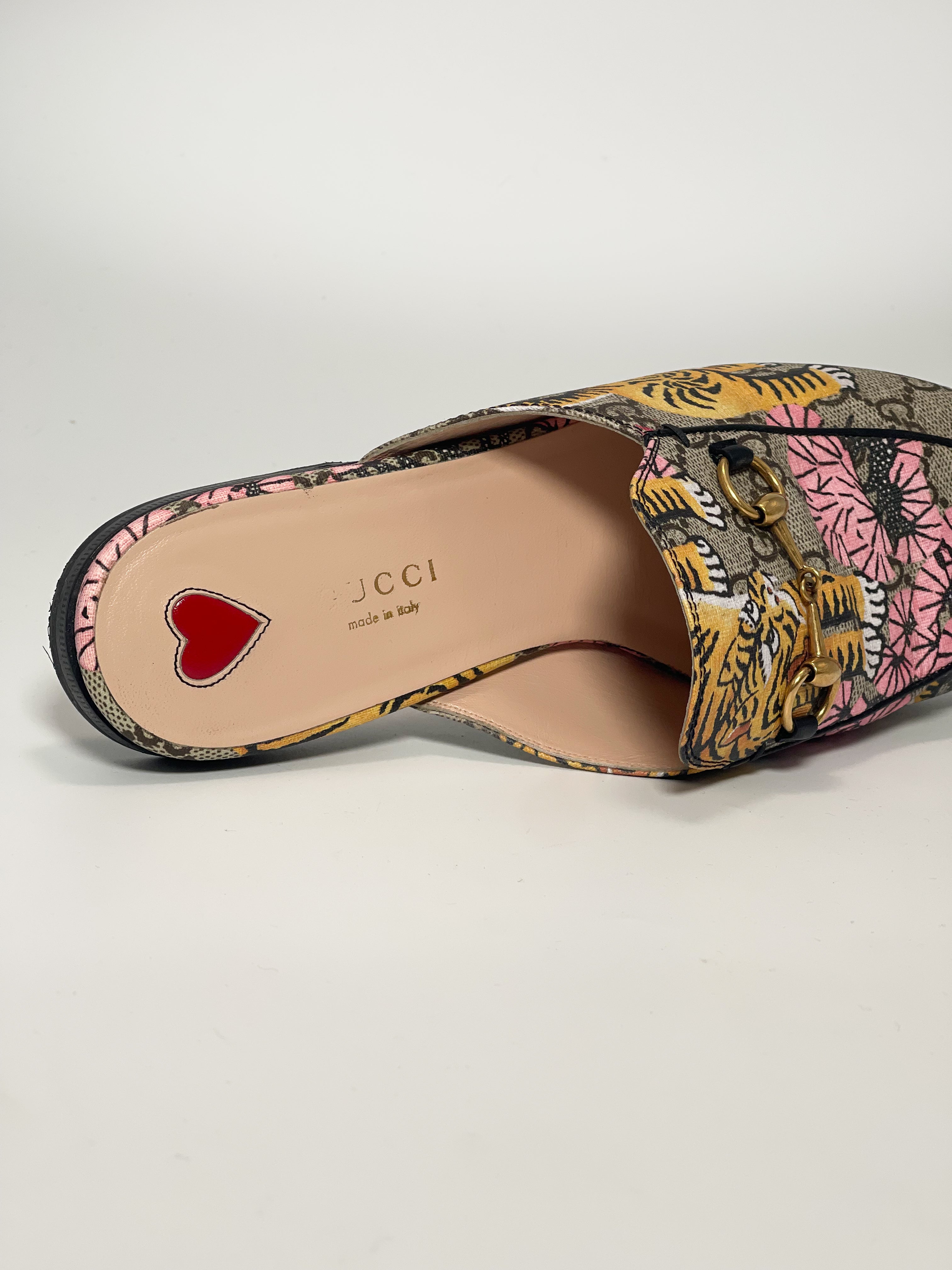 Gucci Multicolour Coated Canvas Princetown Tiger Mules Size 39