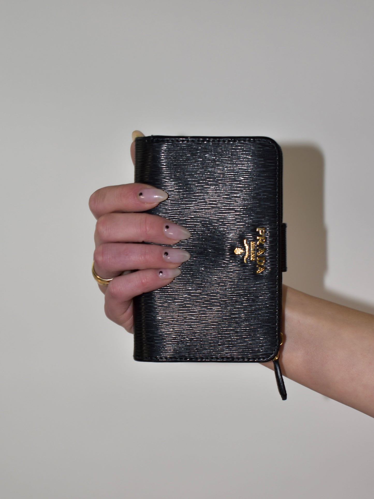 Prada Black Vitello Leather Zip Around Compact Wallet